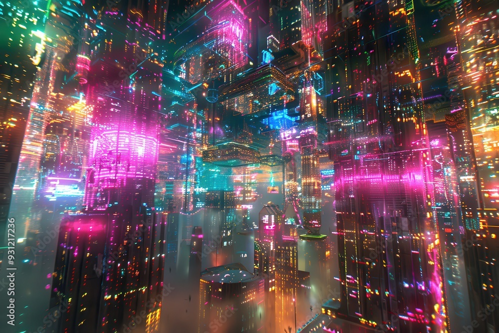 A futuristic holographic cityscape, with abstract buildings and floating structures glowing in neon hues.A futuristic holographic cityscape, with abstract buildings and floating structures glowing in A futuristic holographic cityscape, with abstract buildings and floating structures glowing in neon hues.A futuristic holographic cityscape, with abstract buildings and floating structures glowing in