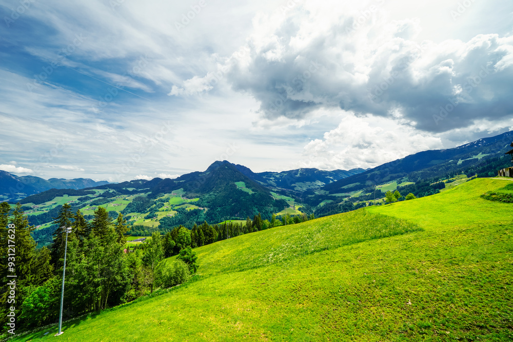 View from the Reiterkogel mountain near Saalbach Hinterglemm. Landscape on the mountain with the surrounding nature. Mountain group of the Kitzbühel Alps.
View from the Reiterkogel mountain near Saalbach Hinterglemm. Landscape on the mountain with the surrounding nature. Mountain group of the Kitzbühel Alps.