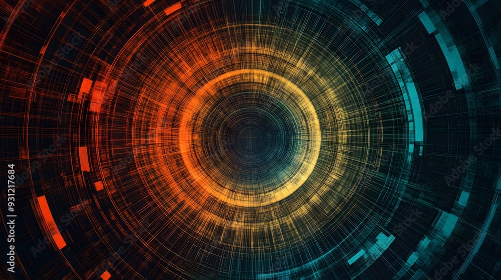 Circular abstract patterns representing data flows across a digital grid Circular abstract patterns representing data flows across a digital grid