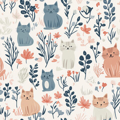Wandcirkels Kinderkamer patronen Schattige katjes tussen bloemen kinderkamer  © BetterPhoto