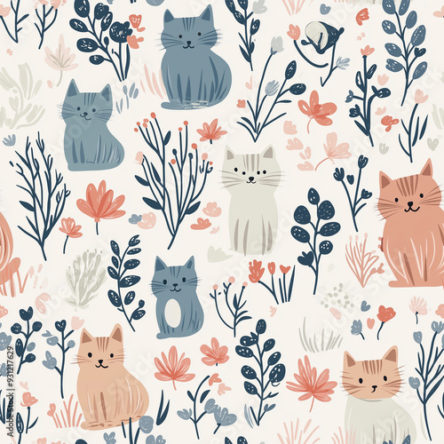 Adorable seamless pattern featuring cute cats surrounded by delicate flowers and plants on a light background. Ideal for children’s products and decorative designs.