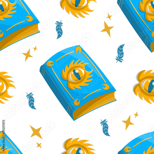 Seamless vector pattern with magic book and stars in blue color photo