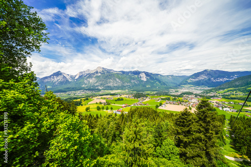 View from the Reiterkogel mountain near Saalbach Hinterglemm. Landscape on the mountain with the surrounding nature. Mountain group of the Kitzbühel Alps. 