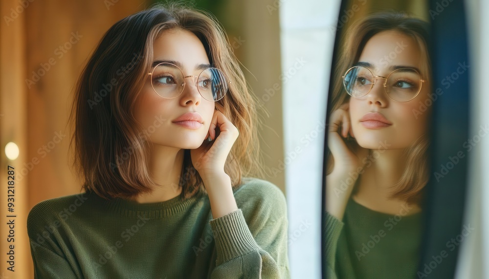 Woman looking in the mirror with confident expressions and words of gratitude written on it, Self-reflection, Empowerment Woman looking in the mirror with confident expressions and words of gratitude written on it, Self-reflection, Empowerment