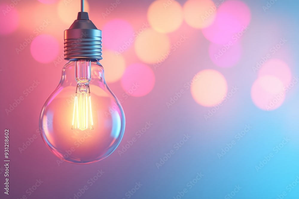 A glowing light bulb shines brightly in a soft pastel background. The light creates a warm ambiance. Perfect for home decor or creative projects. Generative AI A glowing light bulb shines brightly in a soft pastel background. The light creates a warm ambiance. Perfect for home decor or creative projects. Generative AI