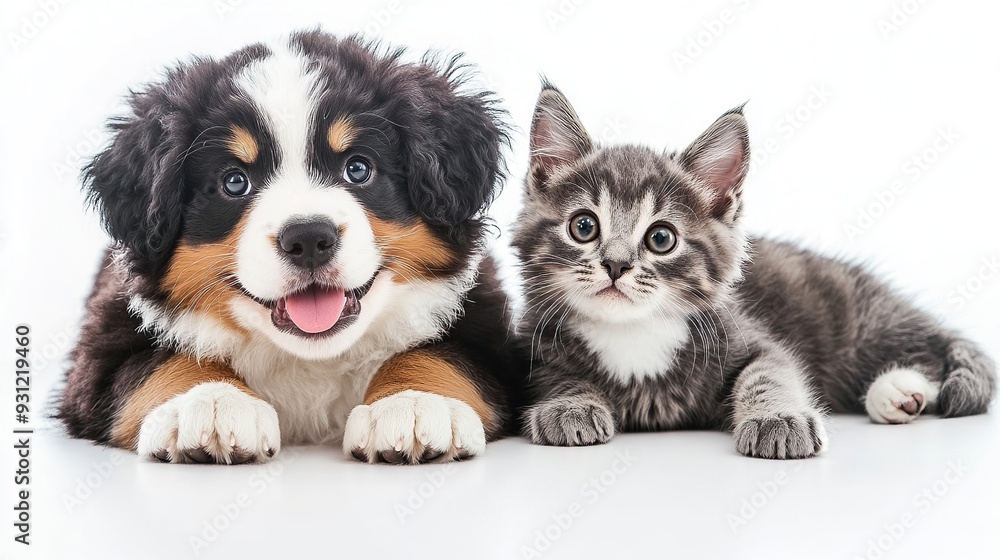 Adorable Bernese Mountain Dog puppy and kitten looking at the camera on a white background. Adorable Bernese Mountain Dog puppy and kitten looking at the camera on a white background.