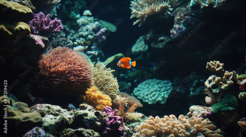 A vibrant underwater scene featuring coral reefs and a clownfish. A vibrant underwater scene featuring coral reefs and a clownfish.
