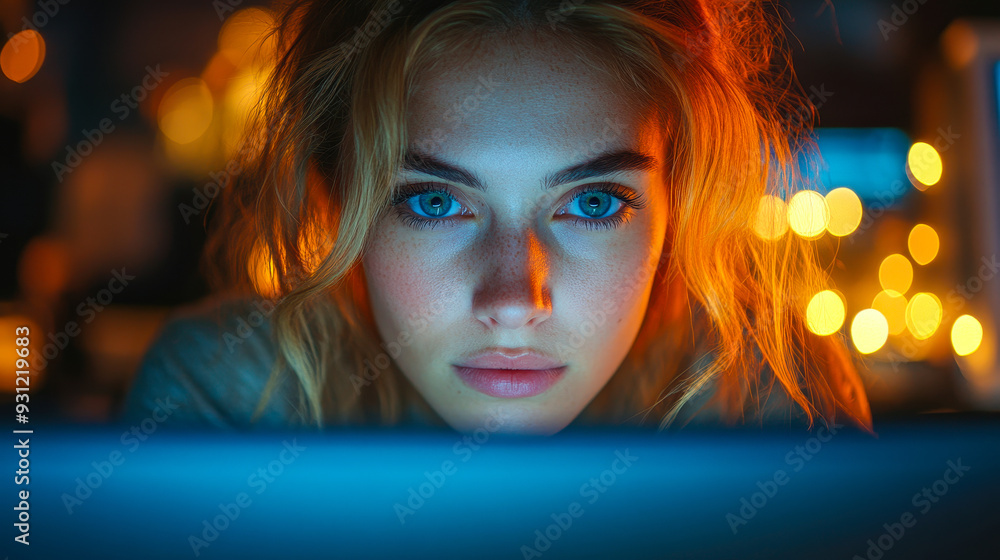 Young Woman Intently Staring at Computer Screen at Night with Blurred Bokeh Lights in Background, Focused and Determined Expression, Concept of Late-night Work, Technology, and Concentration Young Woman Intently Staring at Computer Screen at Night with Blurred Bokeh Lights in Background, Focused and Determined Expression, Concept of Late-night Work, Technology, and Concentration