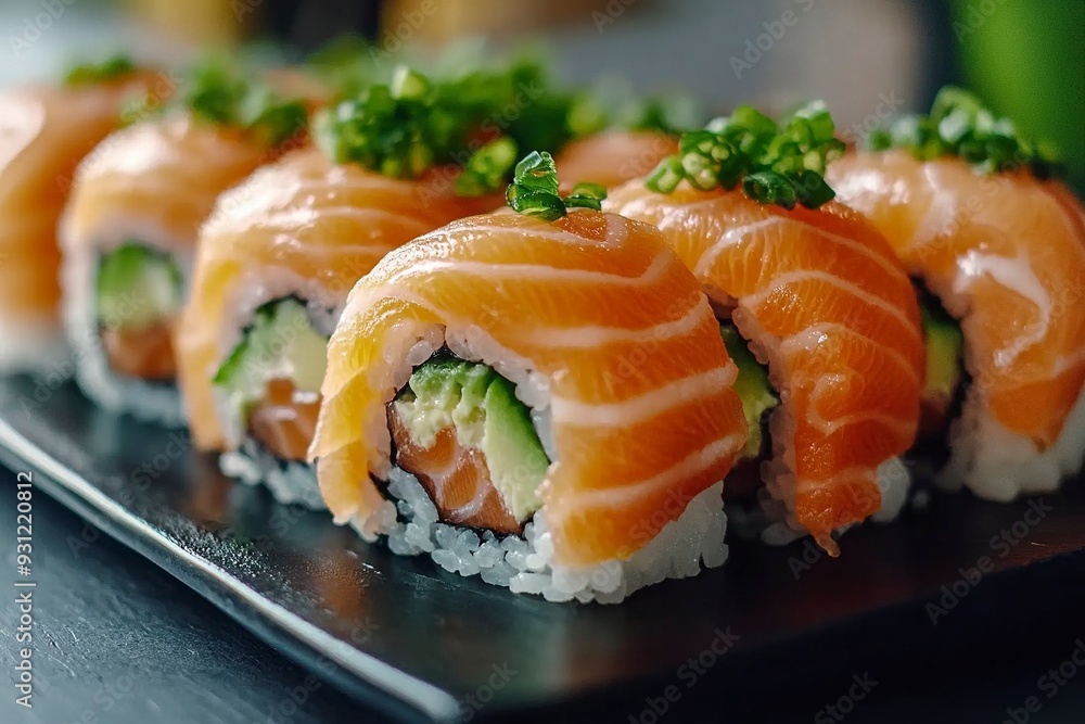 Gourmet arrangement of salmon sushi rolls topped with caviar served with soy sauce. Generative Ai Gourmet arrangement of salmon sushi rolls topped with caviar served with soy sauce. Generative Ai