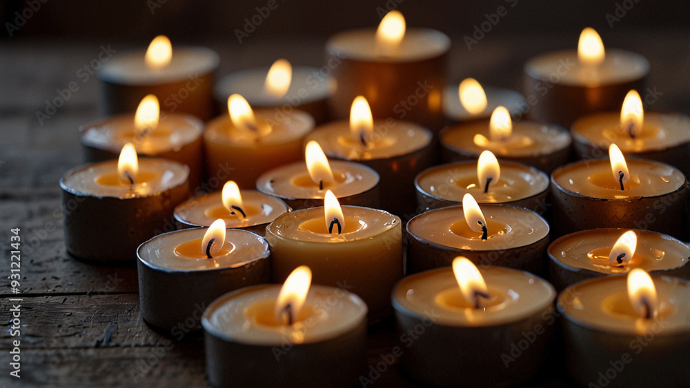 Many Small Burning Candles On A Wooden Surface Many Small Burning Candles Many Small Burning Candles On A Wooden Surface Many Small Burning Candles