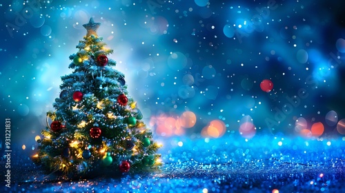 Decorated Christmas Tree with Blue Bokeh Background