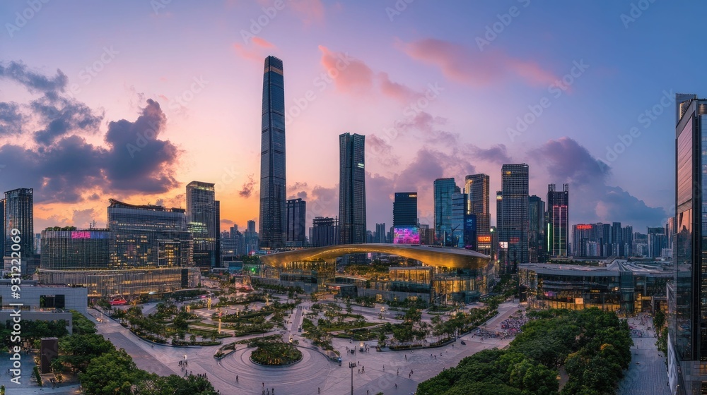 Fototapeta premium A panoramic view of a city skyline with modern skyscrapers, lush green trees, and a curved walkway under a pink and purple sunset sky.