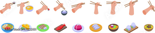 Hands holding chopsticks icons set. This isometric icon set illustrates various asian cuisines being enjoyed with chopsticks