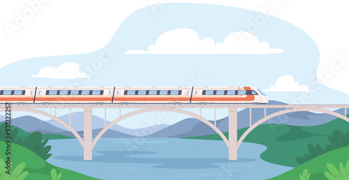 The train travels over a bridge with beautiful scenery. Long distance travel. Intercity transfers. Vector illustration