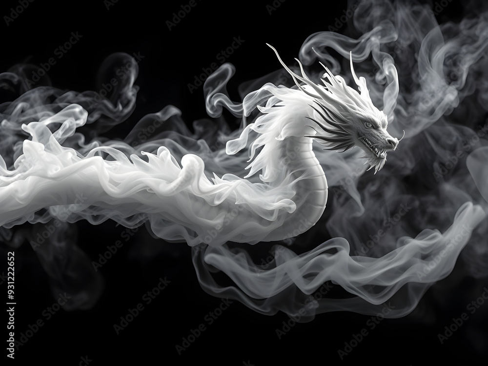 Fototapeta premium Smoke rises in the shape of a dragon.