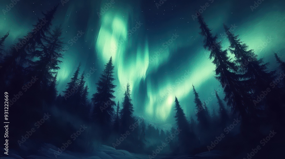 Fototapeta premium A serene night scene featuring the aurora borealis above a dark forest.