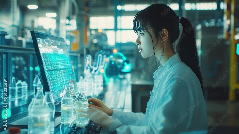 A technician monitors production processes at a high-tech bottling facility, overseeing the quality control and automation system through an interactive computer interface. A technician monitors production processes at a high-tech bottling facility, overseeing the quality control and automation system through an interactive computer interface.