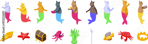 Mermaid cats icons set. Cat mermaids posing underwater with sea treasure and marine life