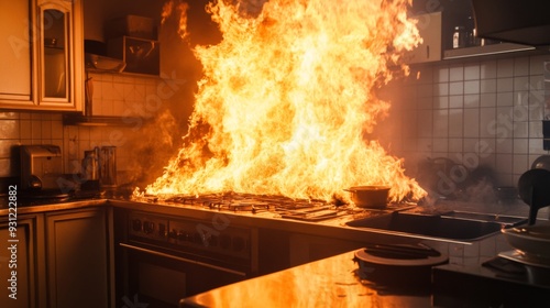 An Intense Kitchen Fire Erupts Flames Rapidly Engulf a Modern Culinary Space and Threaten Safety