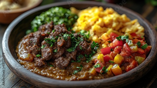 Delicious Stew with Mashed Potato, Rice and Vegetables