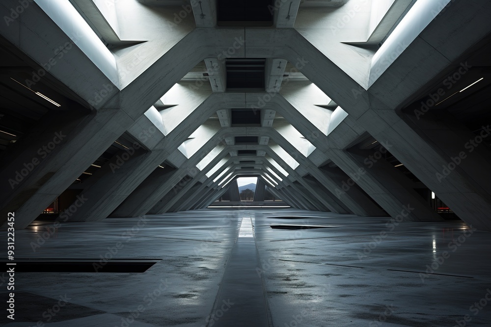 Fototapeta premium Concrete hallway with light shining through a window at the end.
