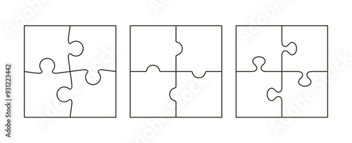 Puzzle pieces set. Scheme for thinking game. Outline jigsaw grids collection. Simple mosaic background with separate details. Cutting template. Vector illustration.