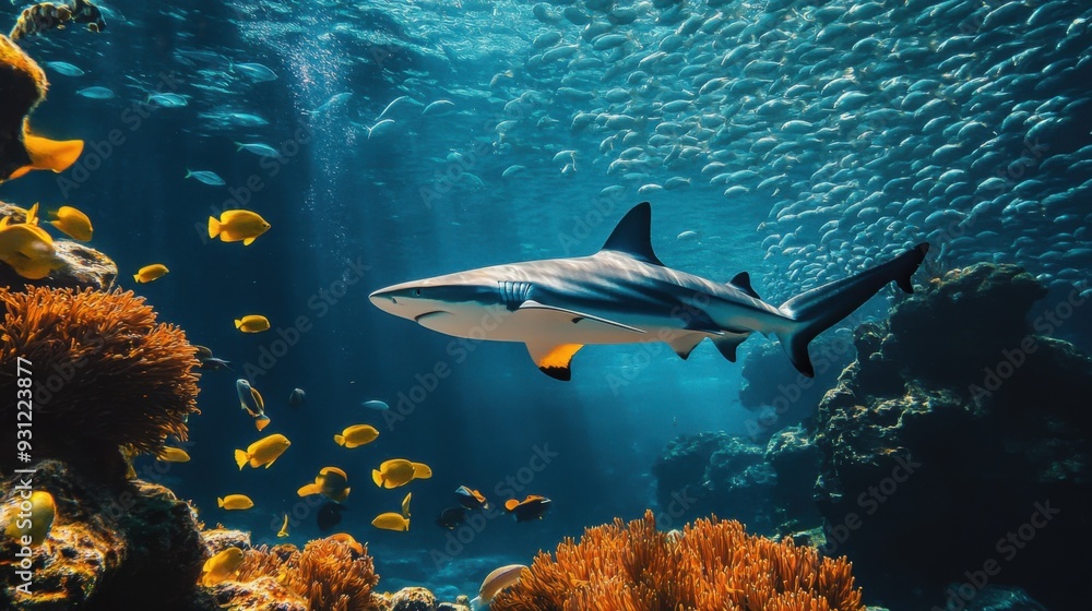 Fototapeta premium A shark swimming among colorful fish and coral in a vibrant ocean.