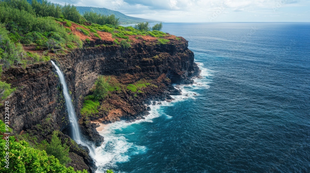 Obraz premium Waterfall cascading into the ocean