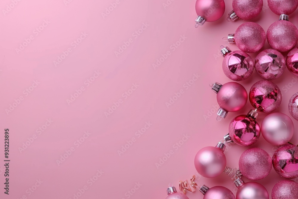 Minimalistic pink background with lots of glass christmas ornaments on the edges,