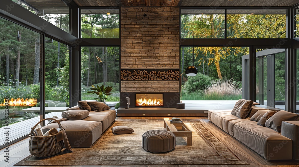 Modern rustic cozy home interior design with fireplace Modern rustic cozy home interior design with fireplace