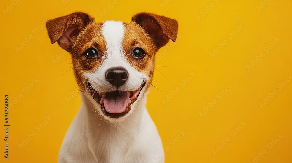 Close-up portrait of a happy dog with brown and white fur, looking at the camera with its tongue sticking out, against a yellow background. Close-up portrait of a happy dog with brown and white fur, looking at the camera with its tongue sticking out, against a yellow background.