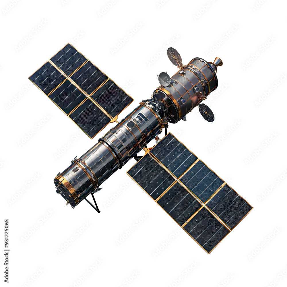 Angled view of a space telescope satellite isolated on a white transparent background. Angled view of a space telescope satellite isolated on a white transparent background.