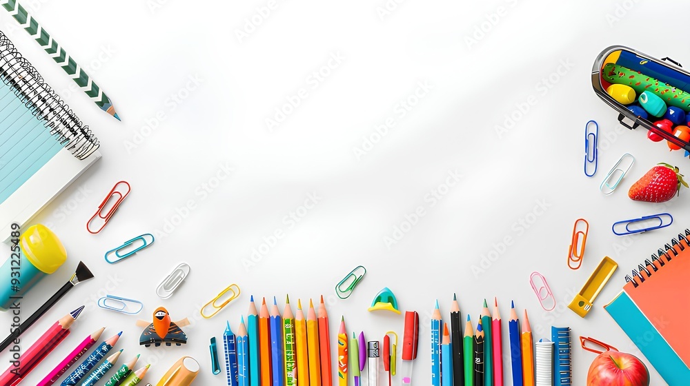 Frame of colorful school supplies on white background. Back to school concept. Flat lay, top view, overhead. Frame of colorful school supplies on white background. Back to school concept. Flat lay, top view, overhead.