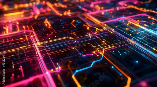 Abstract representation of data flows with overlapping lines and shapes in neon colors