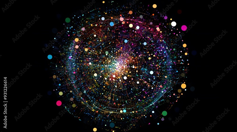 Circular abstract visualization of data points connected by bright lines Circular abstract visualization of data points connected by bright lines