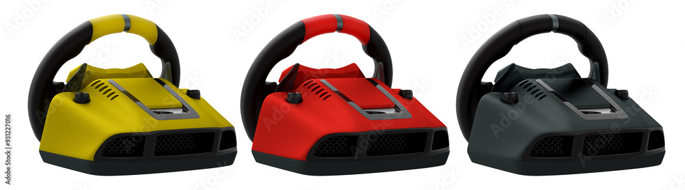 Set of racing game steering wheels isolated on white background with clipping path, expertly crafted to boost your immersive gaming experience Set of racing game steering wheels isolated on white background with clipping path, expertly crafted to boost your immersive gaming experience