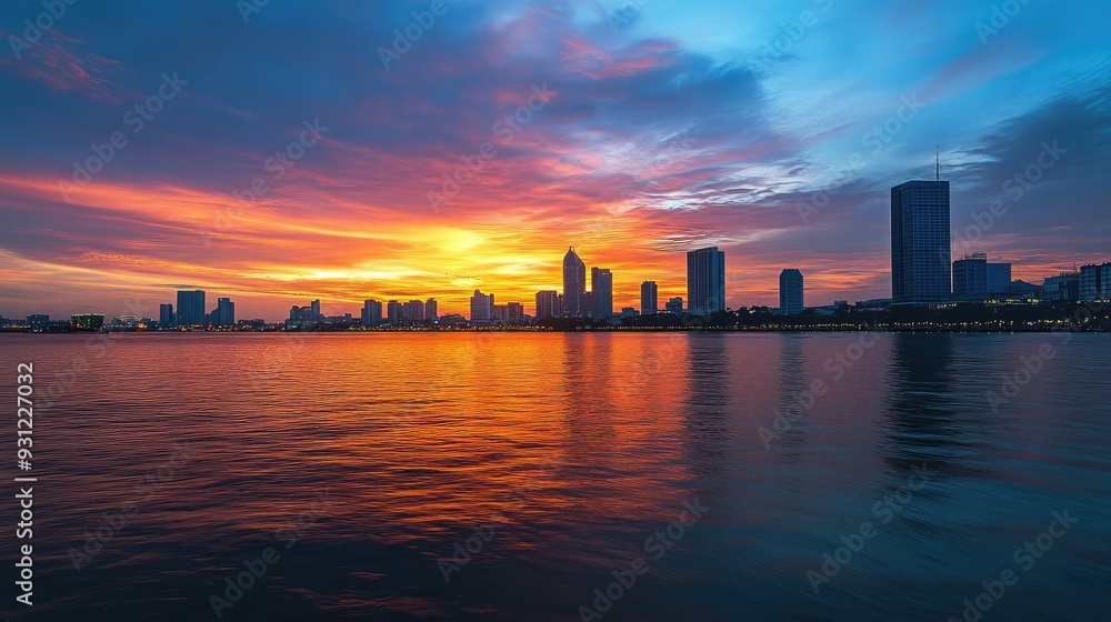 A stunning sunset over a cityscape reflecting on a calm body of water. A stunning sunset over a cityscape reflecting on a calm body of water.