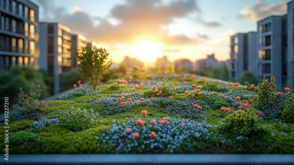 Fototapeta premium Green Roof with Cityscape Sunset
