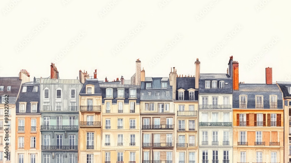 Fototapeta premium A watercolor illustration of a row of Parisian buildings, featuring multiple windows, balconies, and chimneys.