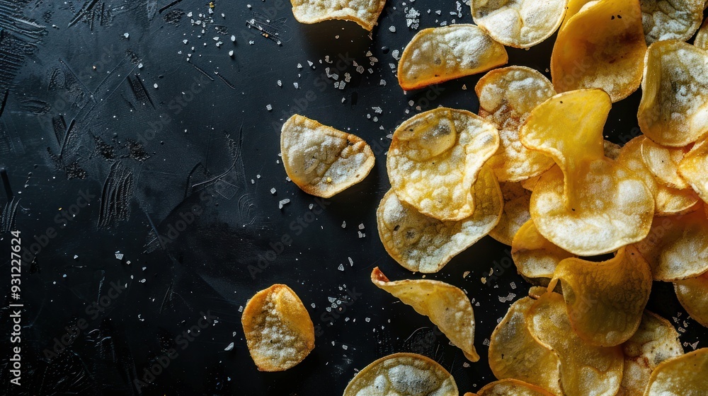 Potato Chips with Salt on a Black Background Potato Chips with Salt on a Black Background