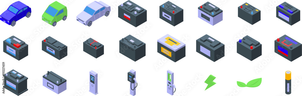 Electricity car accumulator icons set. Car battery accumulator power charging icons set, isometric style Electricity car accumulator icons set. Car battery accumulator power charging icons set, isometric style