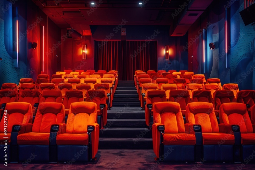 Comfortable Cinema Seats in a Dark Movie Theater Setting Comfortable Cinema Seats in a Dark Movie Theater Setting