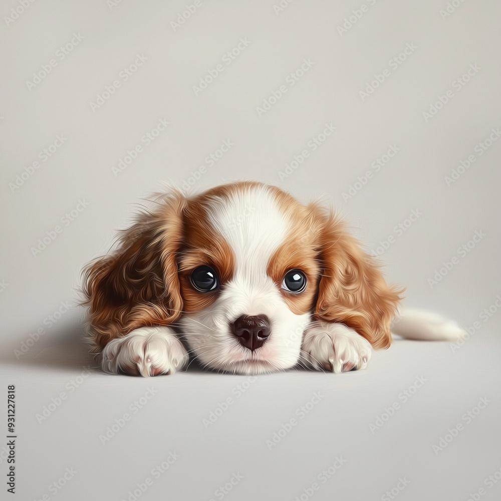 Adorable Cavalier King Charles Spaniel puppy lying on light background Adorable Cavalier King Charles Spaniel puppy lying on light background