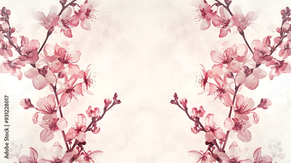 Fototapeta premium A soft and elegant watercolor design with symmetrical cherry blossoms in pastel pinks, delicately mirrored on either side of a light, airy background. 8k UHD, suitable for high-quality printing 