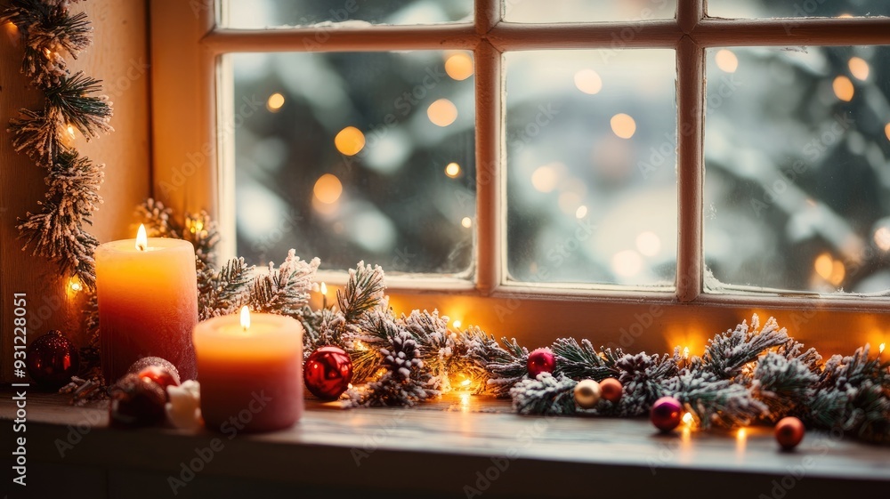 Warm candlelight by a window adorned with festive garlands and ornaments, setting a cozy winter ambiance. Warm candlelight by a window adorned with festive garlands and ornaments, setting a cozy winter ambiance.