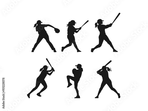 women baseball player silhouette. set of female softball player silhouettes. good use for symbols, logos, icons, mascots, webs, signs, or any design you want.