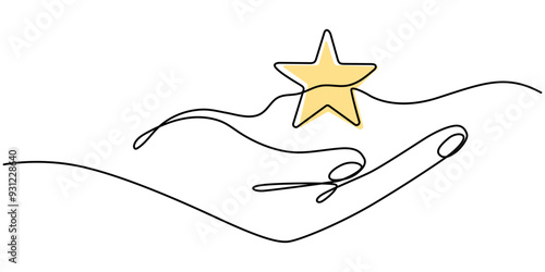 continuous line drawing hand holding star illustration vector isolated, Hands Star Rating And Reviews Thin Line Icon, Customer Satisfaction Single Line Icon