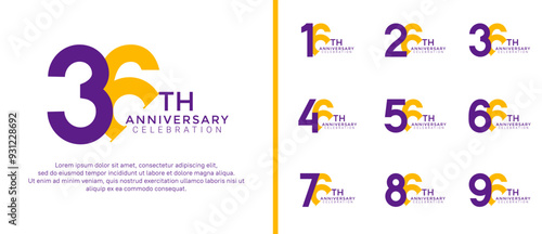 anniversary logo style set with purple and yellow color can be use for celebration moment