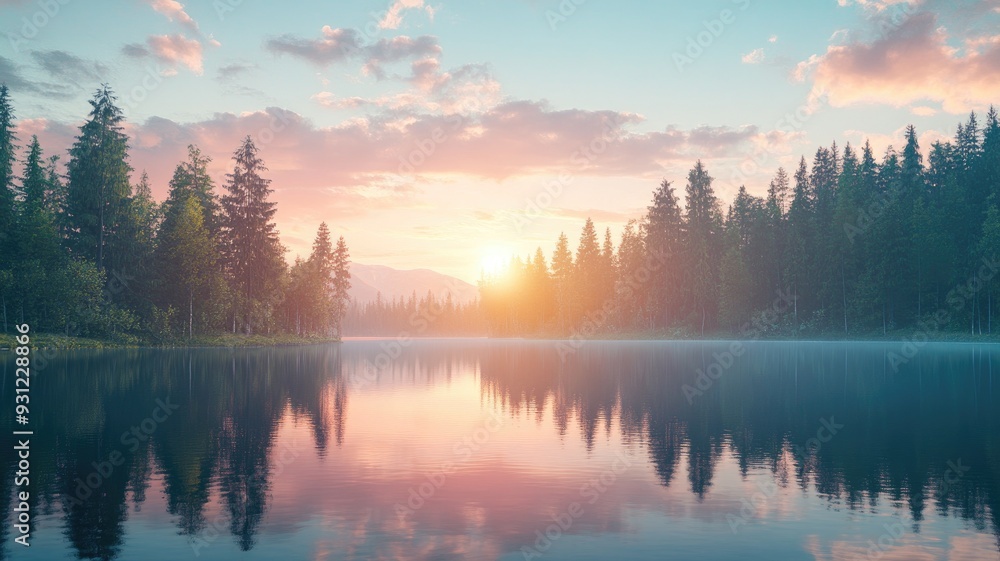 Fototapeta premium A tranquil forest lake reflecting the golden hues of a stunning sunset.