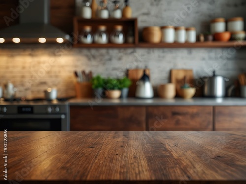 Copy space of luxury table counter top on blur kitchen